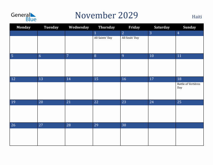 November 2029 Haiti Calendar (Monday Start)