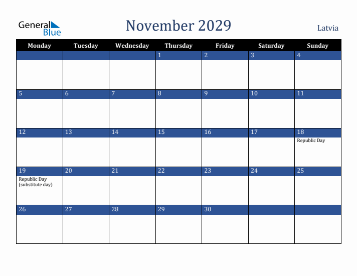 November 2029 Latvia Calendar (Monday Start)