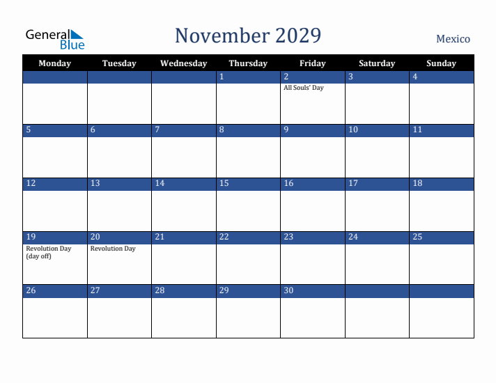 November 2029 Mexico Calendar (Monday Start)