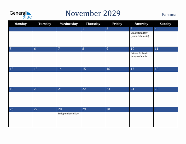 November 2029 Panama Calendar (Monday Start)