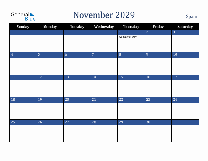 November 2029 Spain Calendar (Sunday Start)