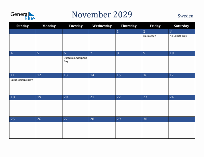 November 2029 Sweden Calendar (Sunday Start)