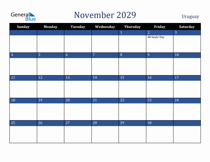 November 2029 Uruguay Calendar (Sunday Start)