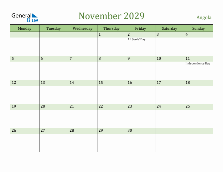 November 2029 Calendar with Angola Holidays