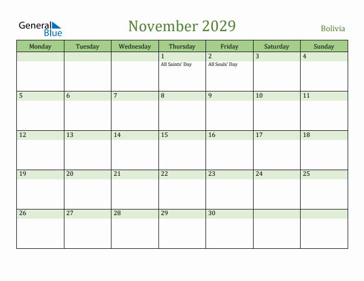 November 2029 Calendar with Bolivia Holidays