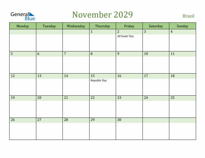 November 2029 Calendar with Brazil Holidays