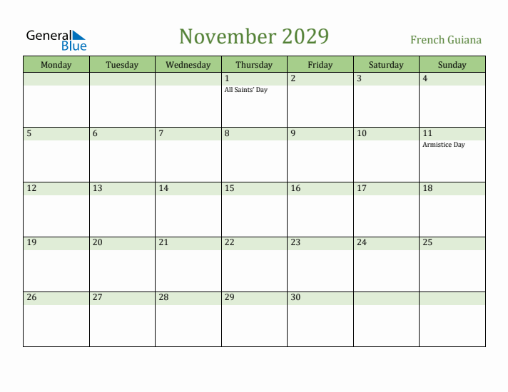 November 2029 Calendar with French Guiana Holidays