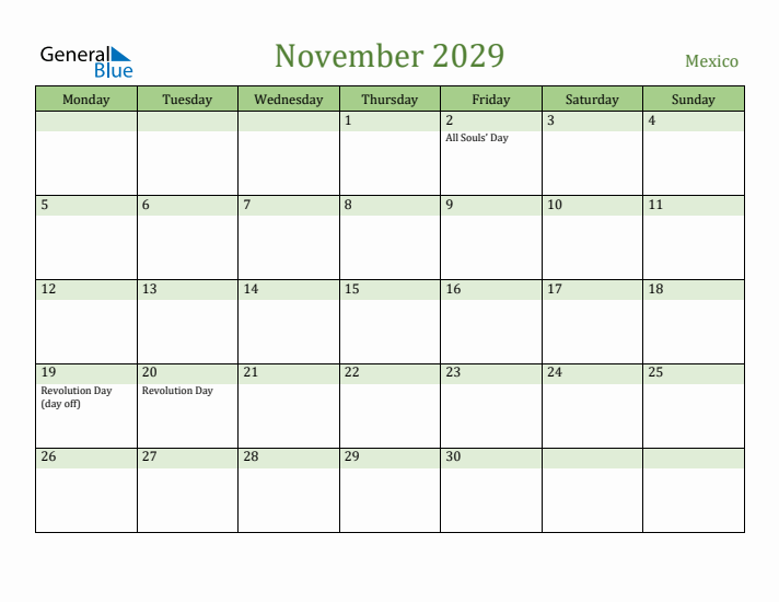 November 2029 Calendar with Mexico Holidays