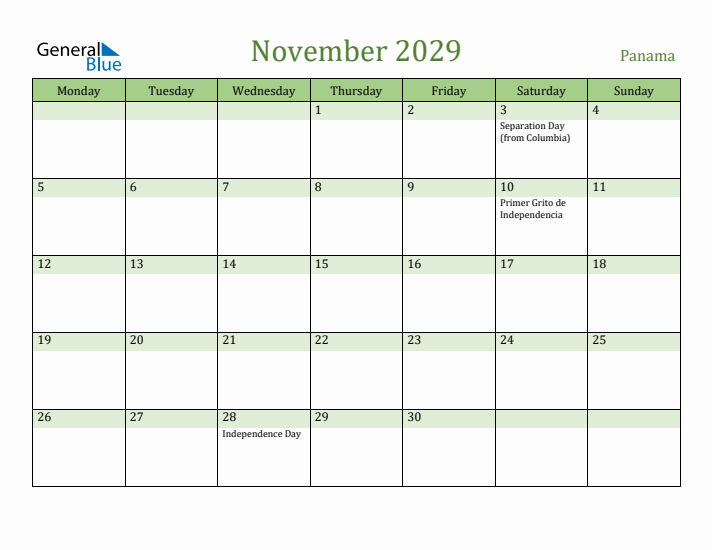 November 2029 Calendar with Panama Holidays