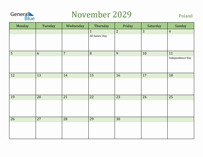 November 2029 Calendar with Poland Holidays