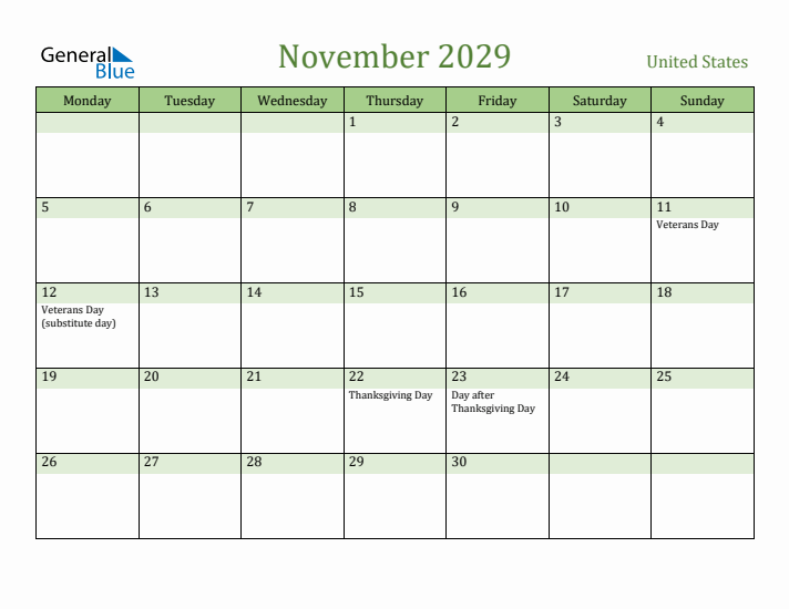 November 2029 Calendar with United States Holidays