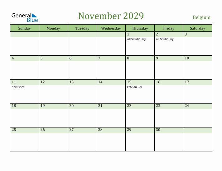 November 2029 Calendar with Belgium Holidays