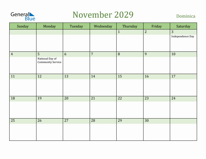 November 2029 Calendar with Dominica Holidays