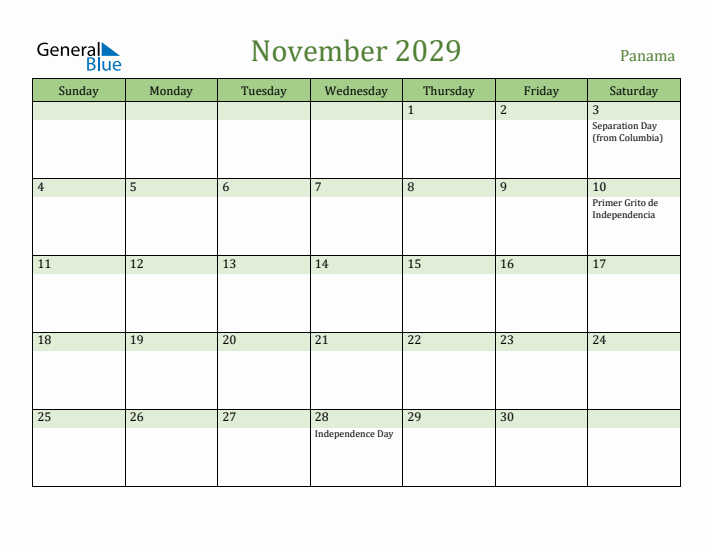 November 2029 Calendar with Panama Holidays