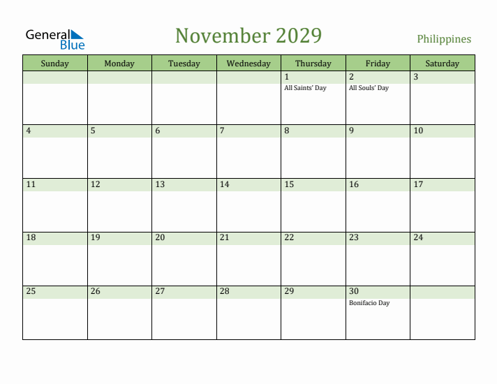 November 2029 Calendar with Philippines Holidays