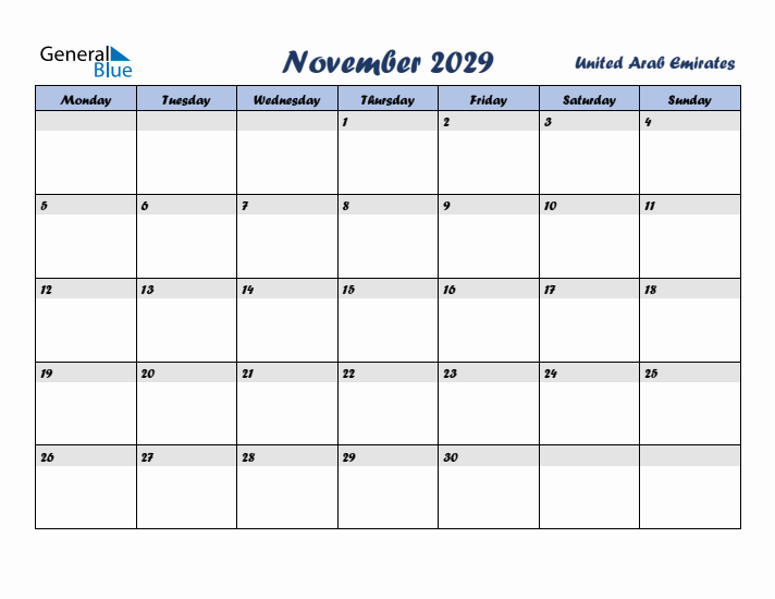 November 2029 Calendar with Holidays in United Arab Emirates