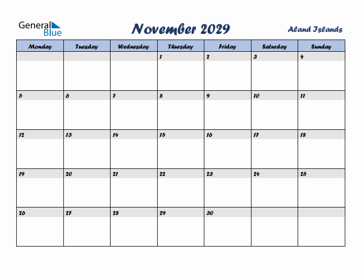 November 2029 Calendar with Holidays in Aland Islands