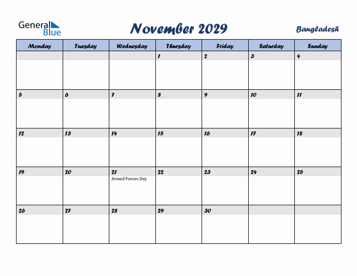 November 2029 Calendar with Holidays in Bangladesh