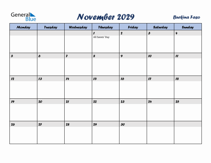 November 2029 Calendar with Holidays in Burkina Faso