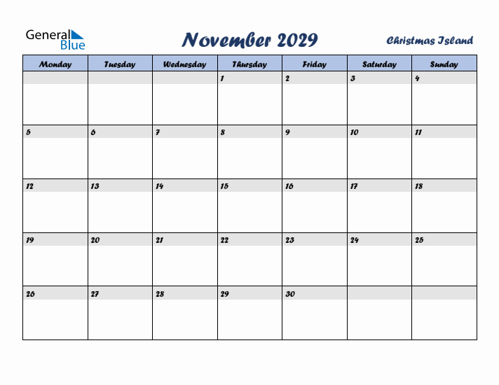 November 2029 Calendar with Holidays in Christmas Island