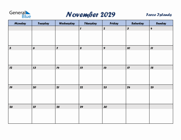 November 2029 Calendar with Holidays in Faroe Islands