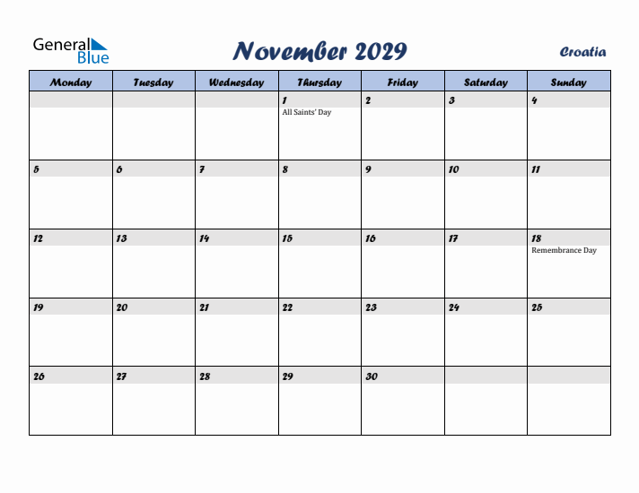 November 2029 Calendar with Holidays in Croatia