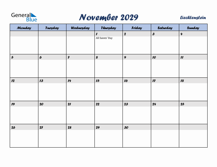 November 2029 Calendar with Holidays in Liechtenstein