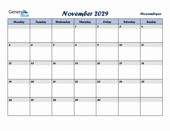 November 2029 Calendar with Holidays in Mozambique