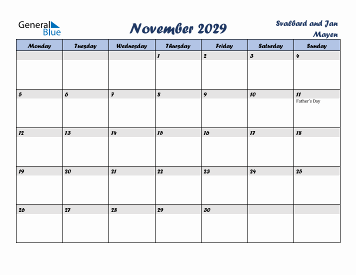 November 2029 Calendar with Holidays in Svalbard and Jan Mayen