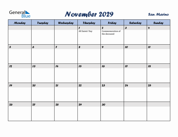 November 2029 Calendar with Holidays in San Marino