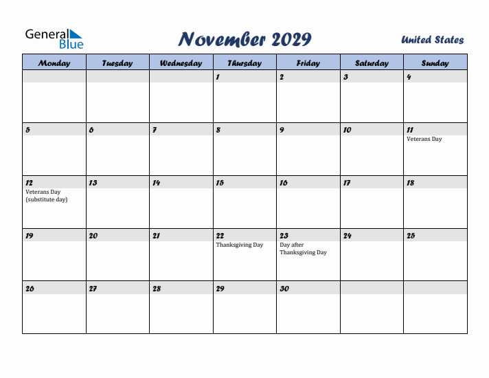 November 2029 Calendar with Holidays in United States