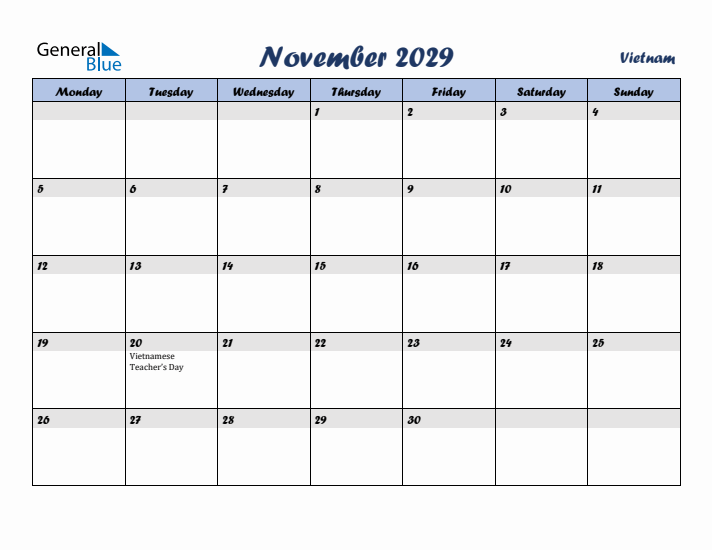 November 2029 Calendar with Holidays in Vietnam