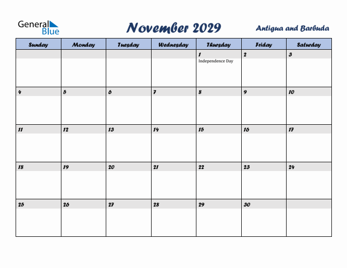 November 2029 Calendar with Holidays in Antigua and Barbuda