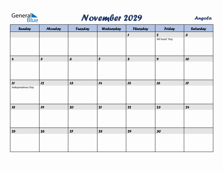 November 2029 Calendar with Holidays in Angola