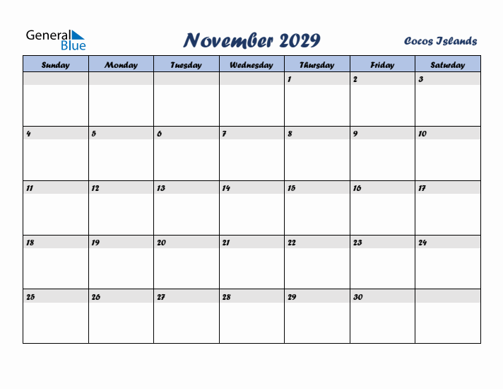 November 2029 Calendar with Holidays in Cocos Islands