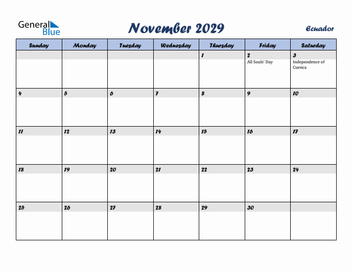 November 2029 Calendar with Holidays in Ecuador