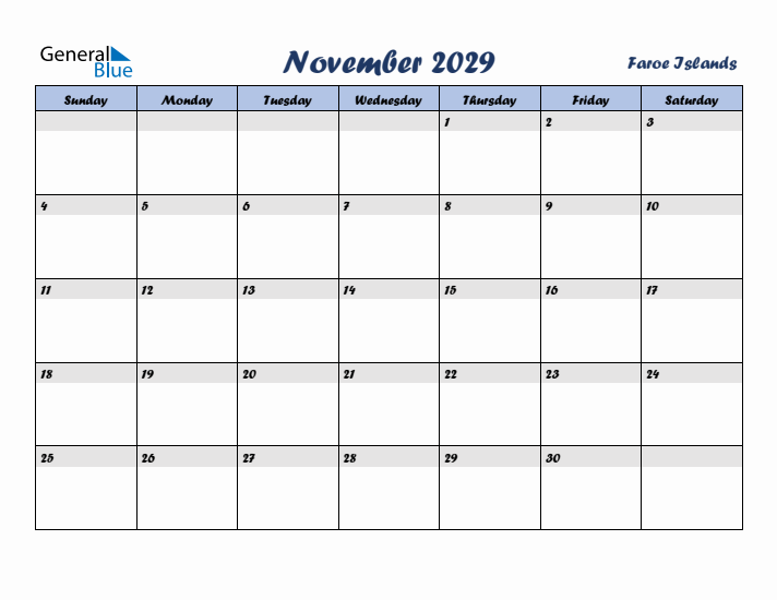 November 2029 Calendar with Holidays in Faroe Islands