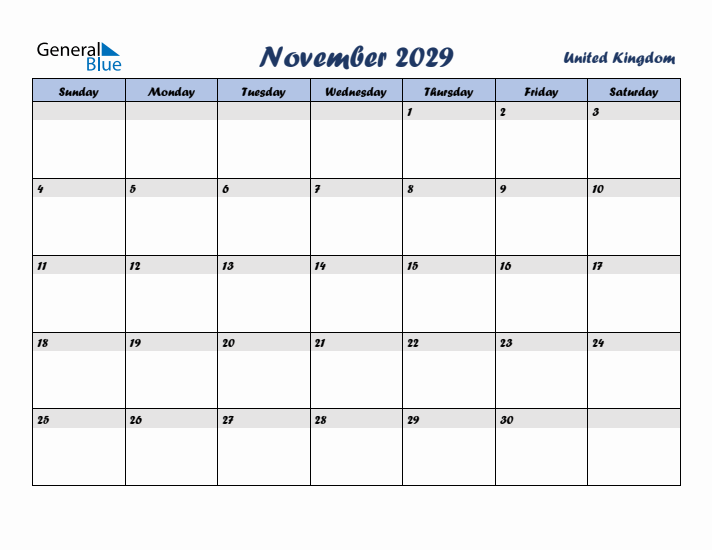 November 2029 Calendar with Holidays in United Kingdom