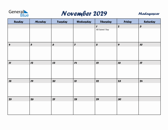 November 2029 Calendar with Holidays in Madagascar