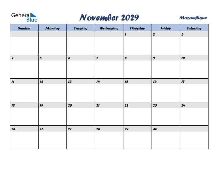 November 2029 Calendar with Holidays in Mozambique