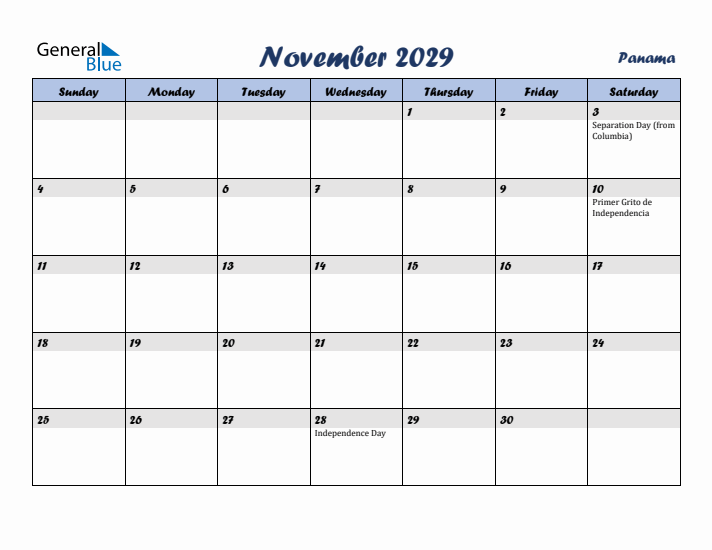 November 2029 Calendar with Holidays in Panama