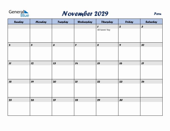 November 2029 Calendar with Holidays in Peru