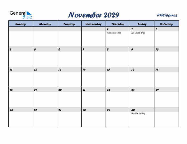 November 2029 Calendar with Holidays in Philippines