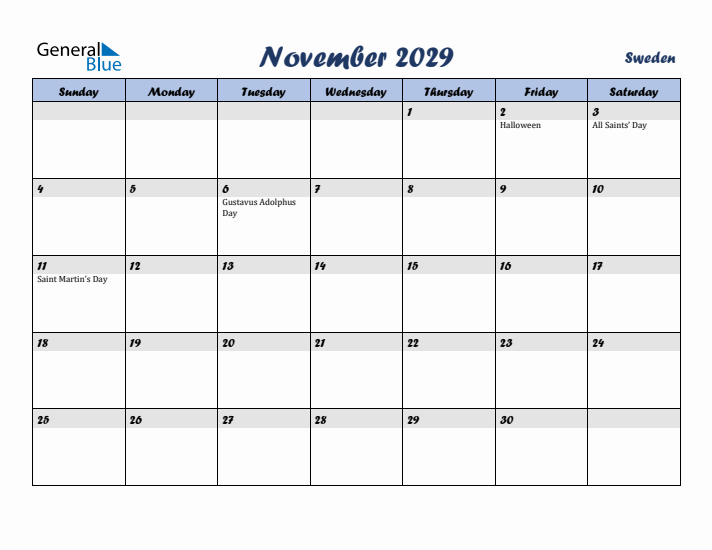 November 2029 Calendar with Holidays in Sweden