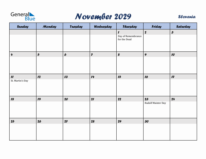 November 2029 Calendar with Holidays in Slovenia