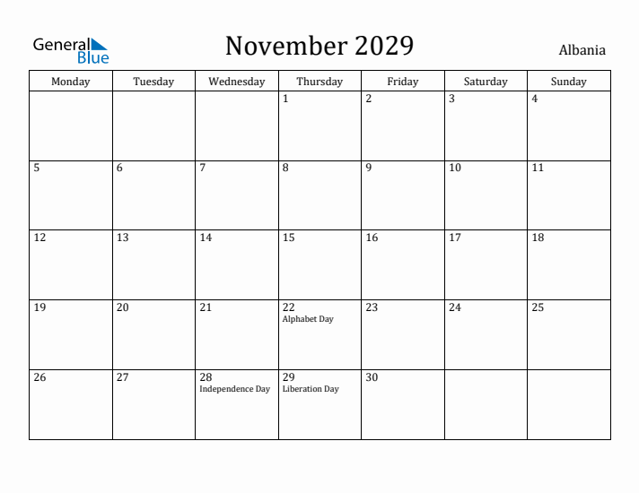 November 2029 Calendar Albania