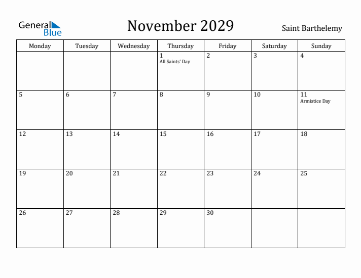 November 2029 Calendar Saint Barthelemy