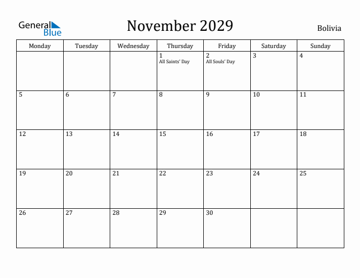 November 2029 Calendar Bolivia