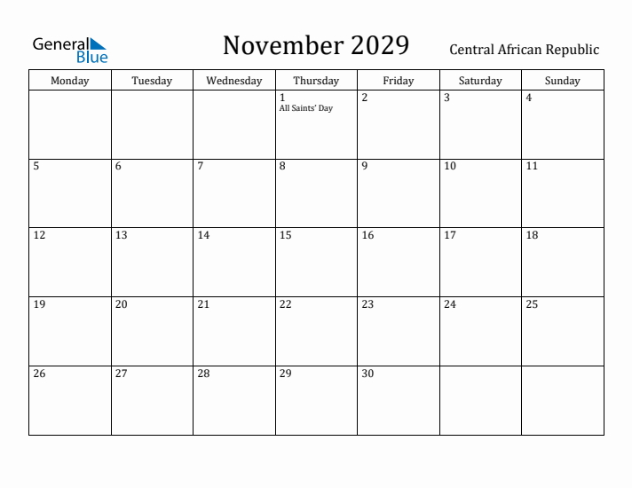 November 2029 Calendar Central African Republic