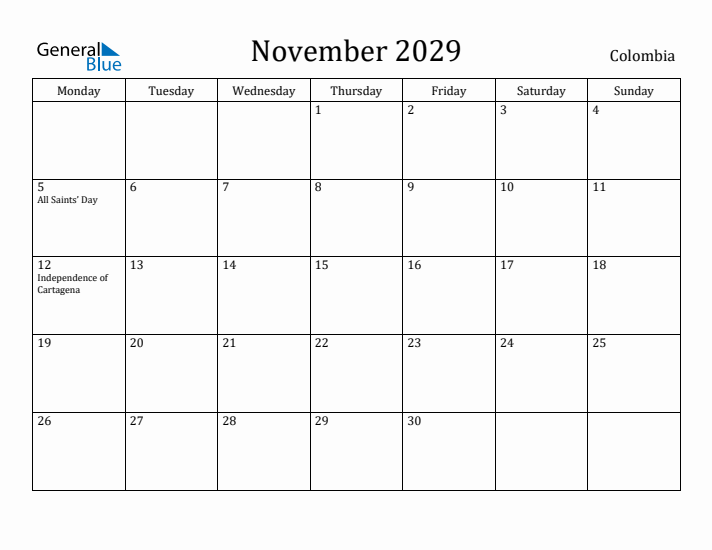 November 2029 Calendar Colombia